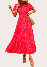MASCOMODA Summer Maxi Dresses for Women Casual V Neck Puff Short Sleeve Smocked Flowy Beach Boho Long Floral Dress