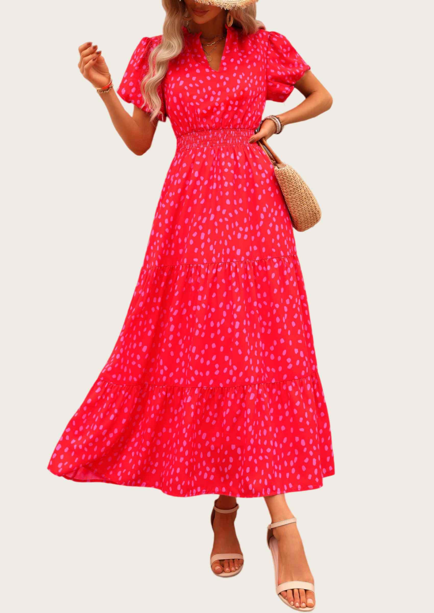 MASCOMODA Summer Maxi Dresses for Women Casual V Neck Puff Short Sleeve Smocked Flowy Beach Boho Long Floral Dress