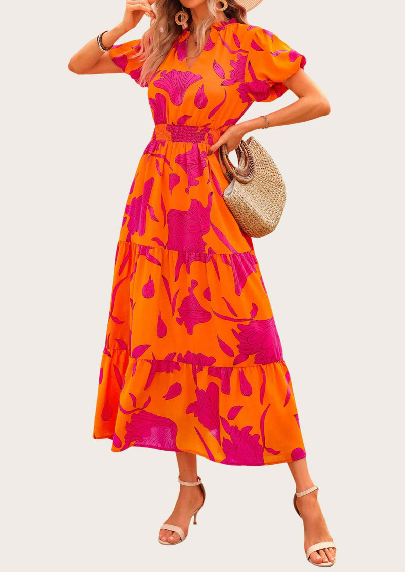 MASCOMODA Summer Maxi Dresses for Women Casual V Neck Puff Short Sleeve Smocked Flowy Beach Boho Long Floral Dress