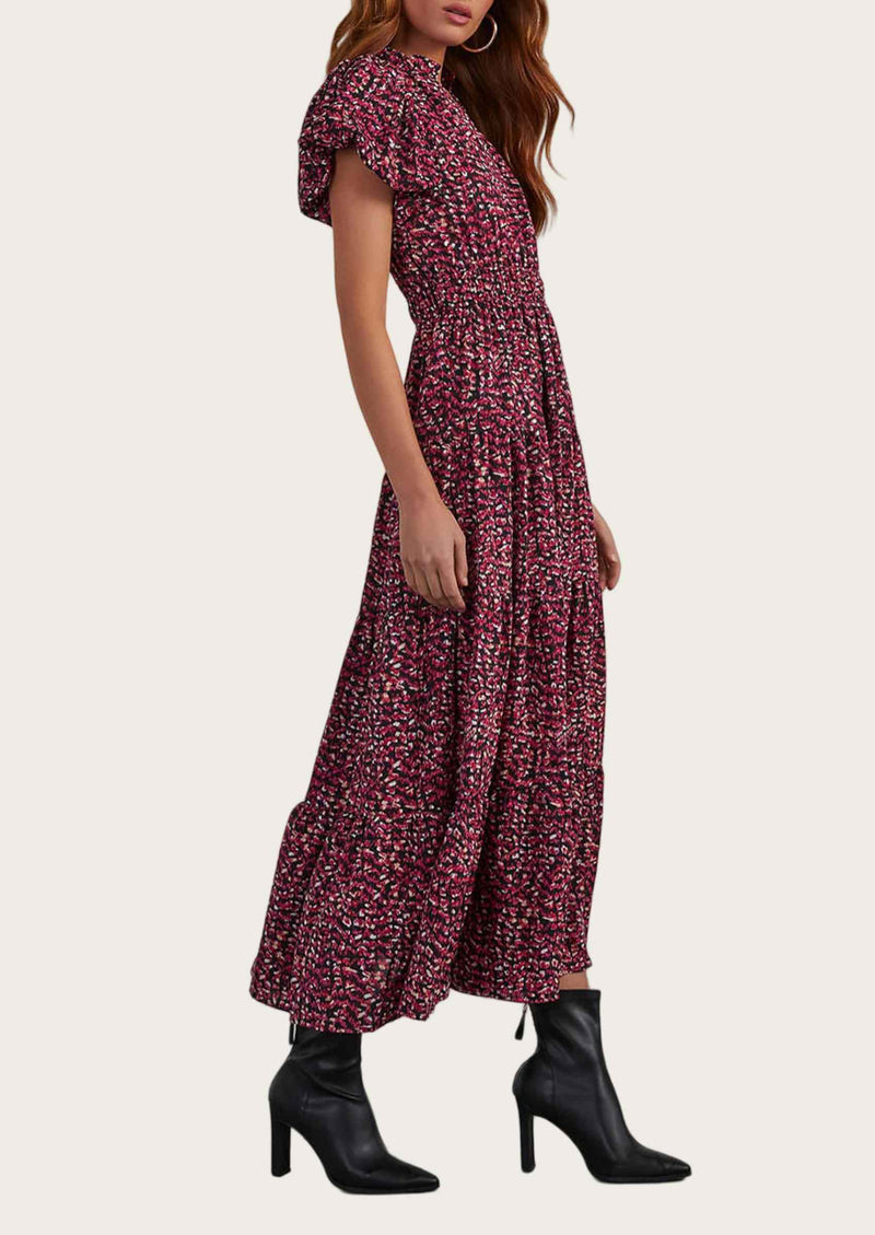 MASCOMODA Summer Maxi Dresses for Women Casual V Neck Puff Short Sleeve Smocked Flowy Beach Boho Long Floral Dress