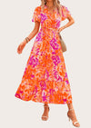 MASCOMODA Summer Maxi Dresses for Women Casual V Neck Puff Short Sleeve Smocked Flowy Beach Boho Long Floral Dress