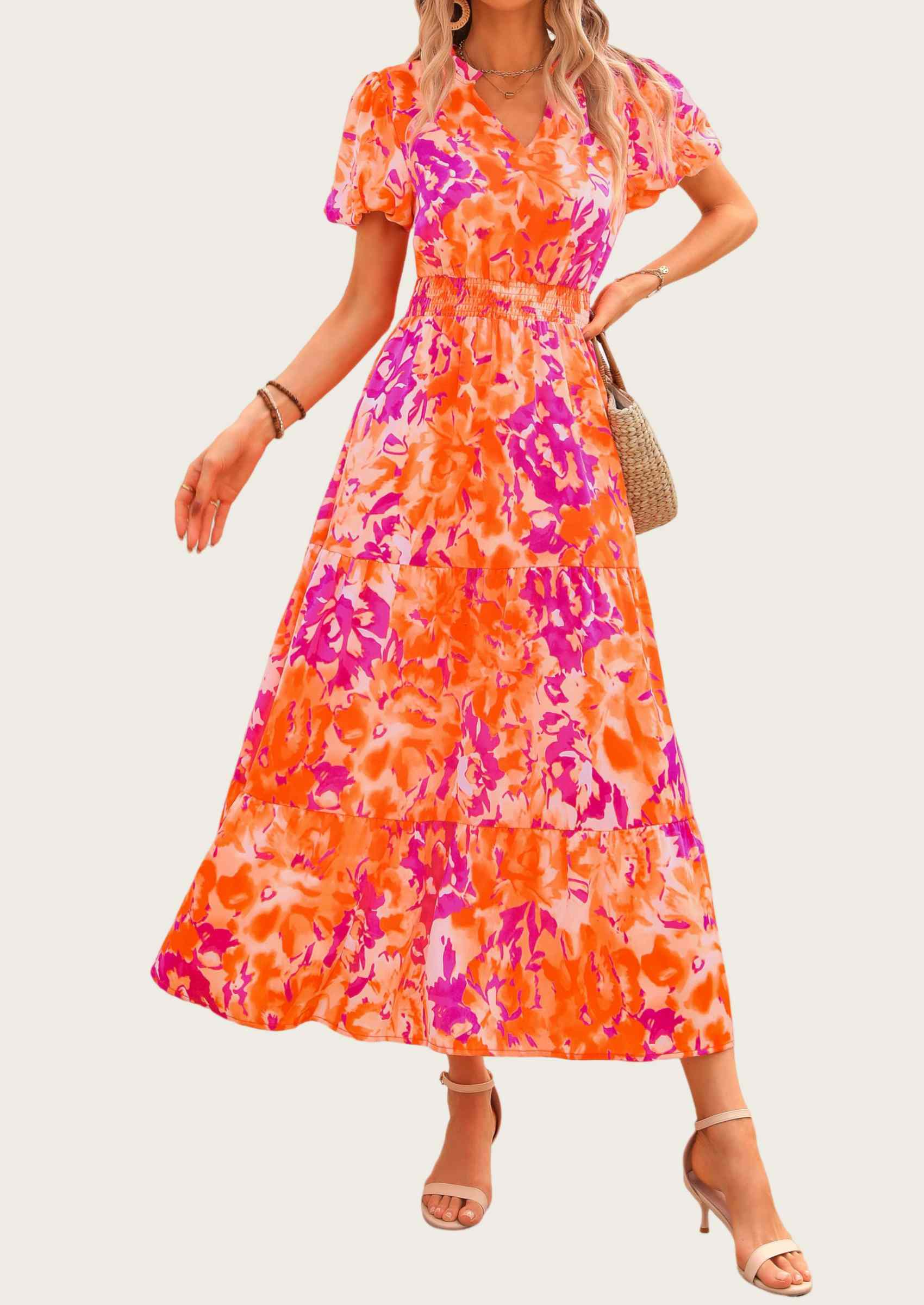 MASCOMODA Summer Maxi Dresses for Women Casual V Neck Puff Short Sleeve Smocked Flowy Beach Boho Long Floral Dress