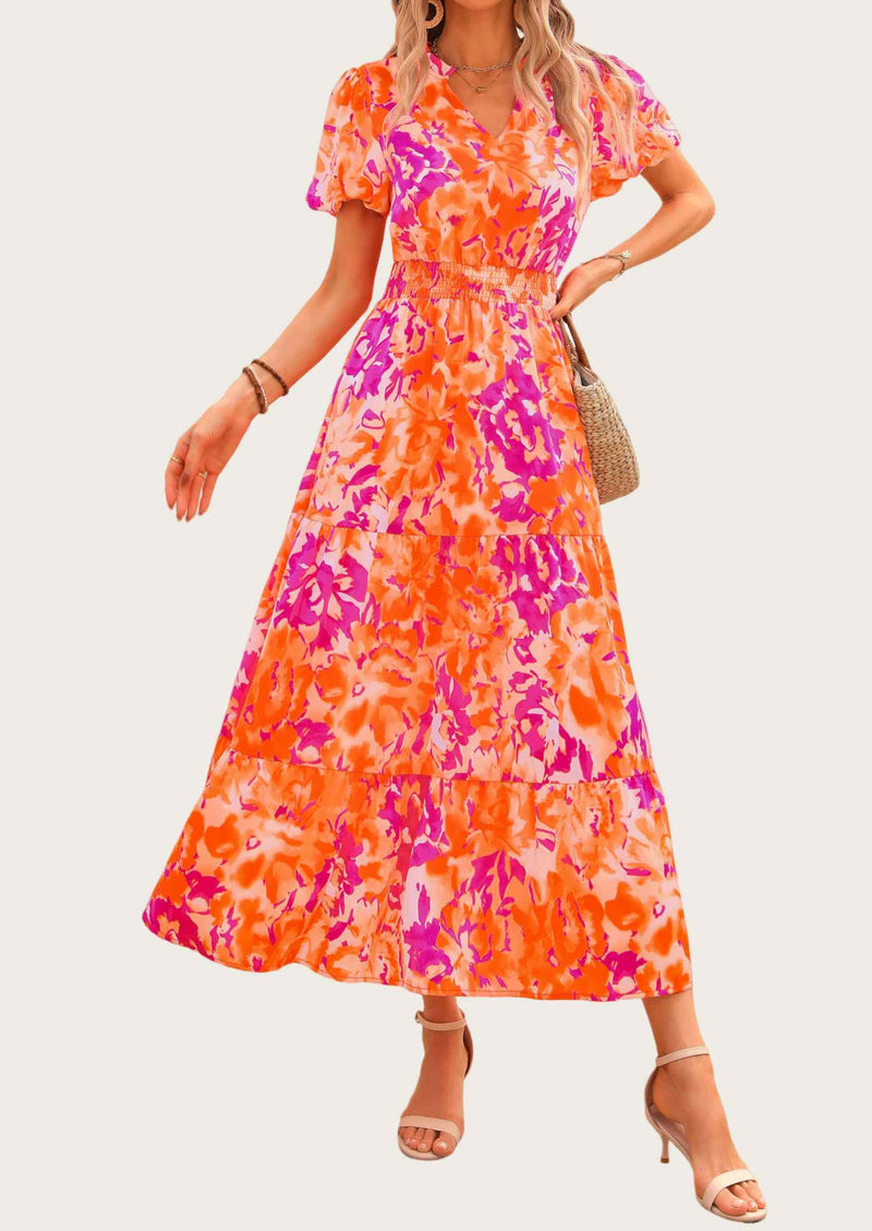 MASCOMODA Summer Maxi Dresses for Women Casual V Neck Puff Short Sleeve Smocked Flowy Beach Boho Long Floral Dress
