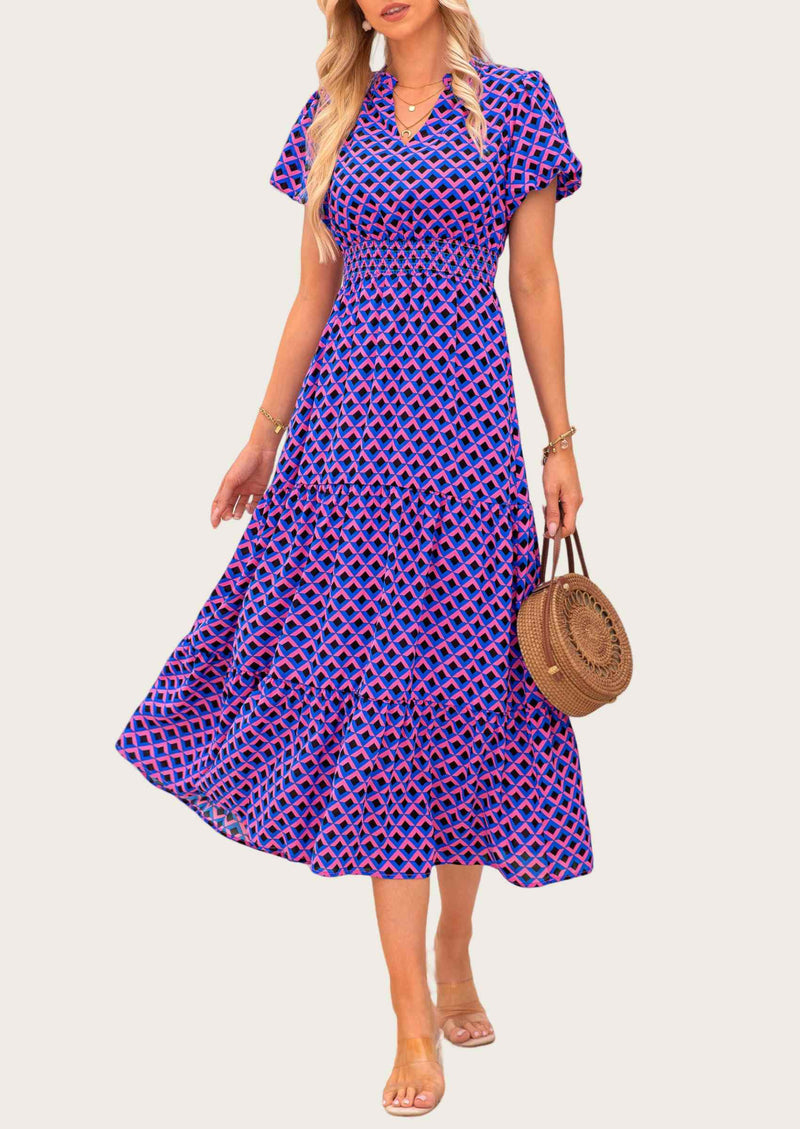 MASCOMODA Summer Maxi Dresses for Women Casual V Neck Puff Short Sleeve Smocked Flowy Beach Boho Long Floral Dress