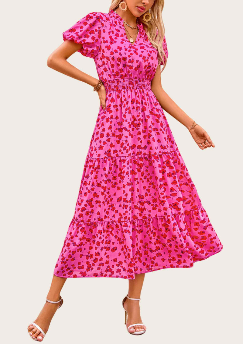 MASCOMODA Summer Maxi Dresses for Women Casual V Neck Puff Short Sleeve Smocked Flowy Beach Boho Long Floral Dress
