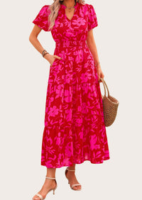 MASCOMODA Summer Maxi Dresses for Women Casual V Neck Puff Short Sleeve Smocked Flowy Beach Boho Long Floral Dress