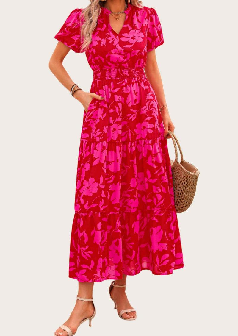 MASCOMODA Summer Maxi Dresses for Women Casual V Neck Puff Short Sleeve Smocked Flowy Beach Boho Long Floral Dress