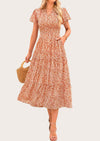 MASCOMODA Summer Maxi Dresses for Women Casual V Neck Puff Short Sleeve Smocked Flowy Beach Boho Long Floral Dress