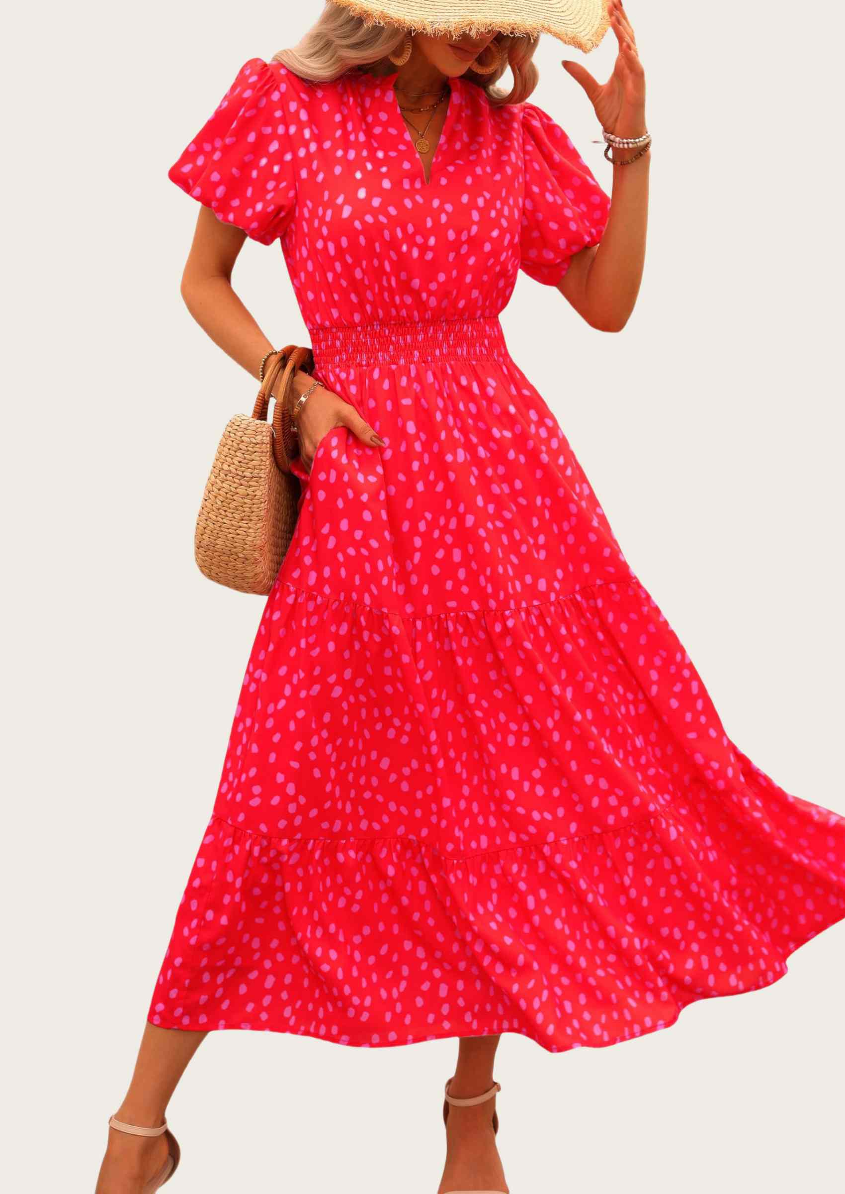 MASCOMODA Summer Maxi Dresses for Women Casual V Neck Puff Short Sleeve Smocked Flowy Beach Boho Long Floral Dress