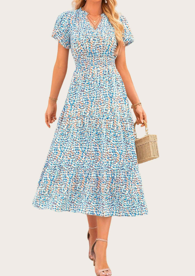 MASCOMODA Summer Maxi Dresses for Women Casual V Neck Puff Short Sleeve Smocked Flowy Beach Boho Long Floral Dress