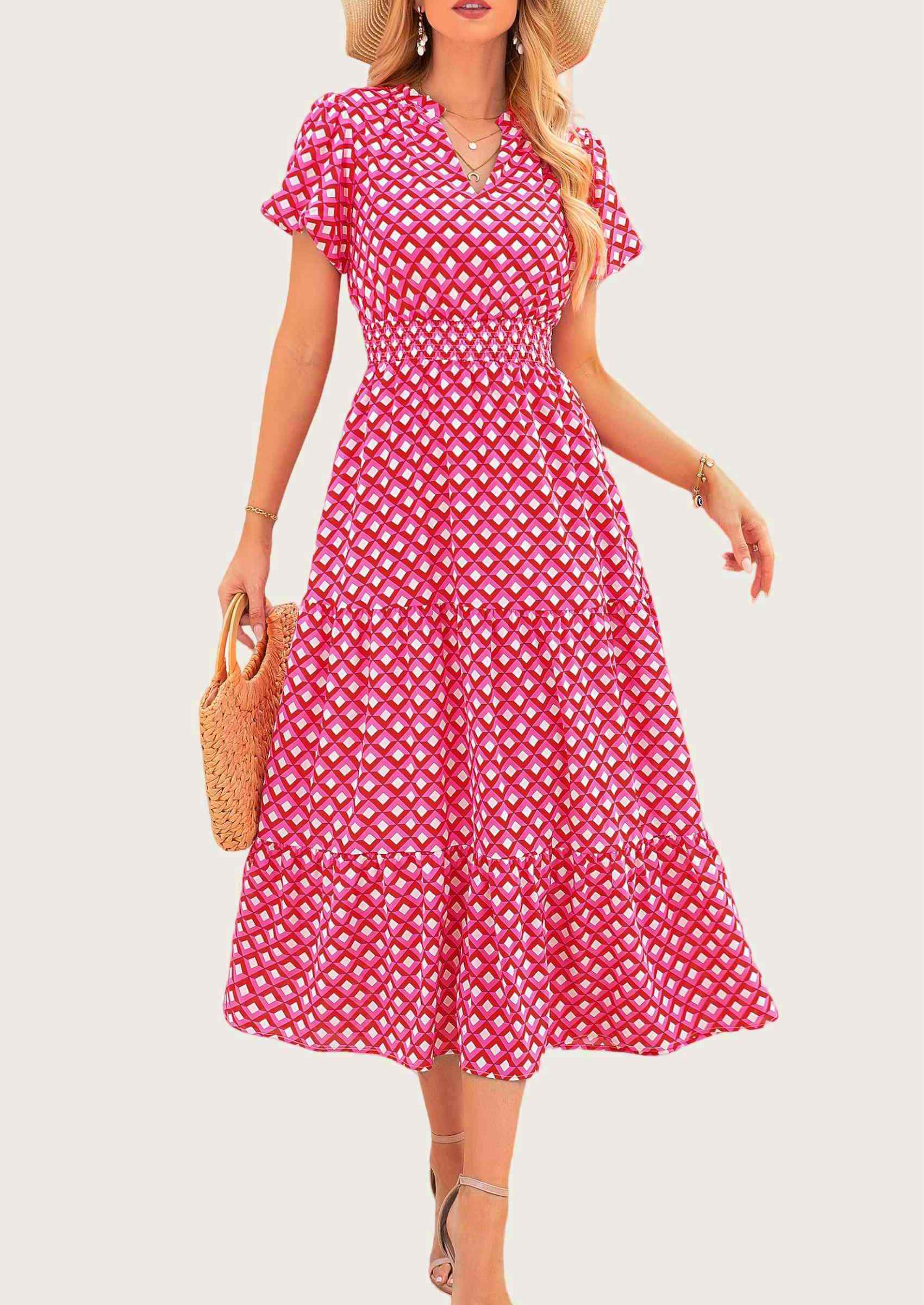 MASCOMODA Summer Maxi Dresses for Women Casual V Neck Puff Short Sleeve Smocked Flowy Beach Boho Long Floral Dress