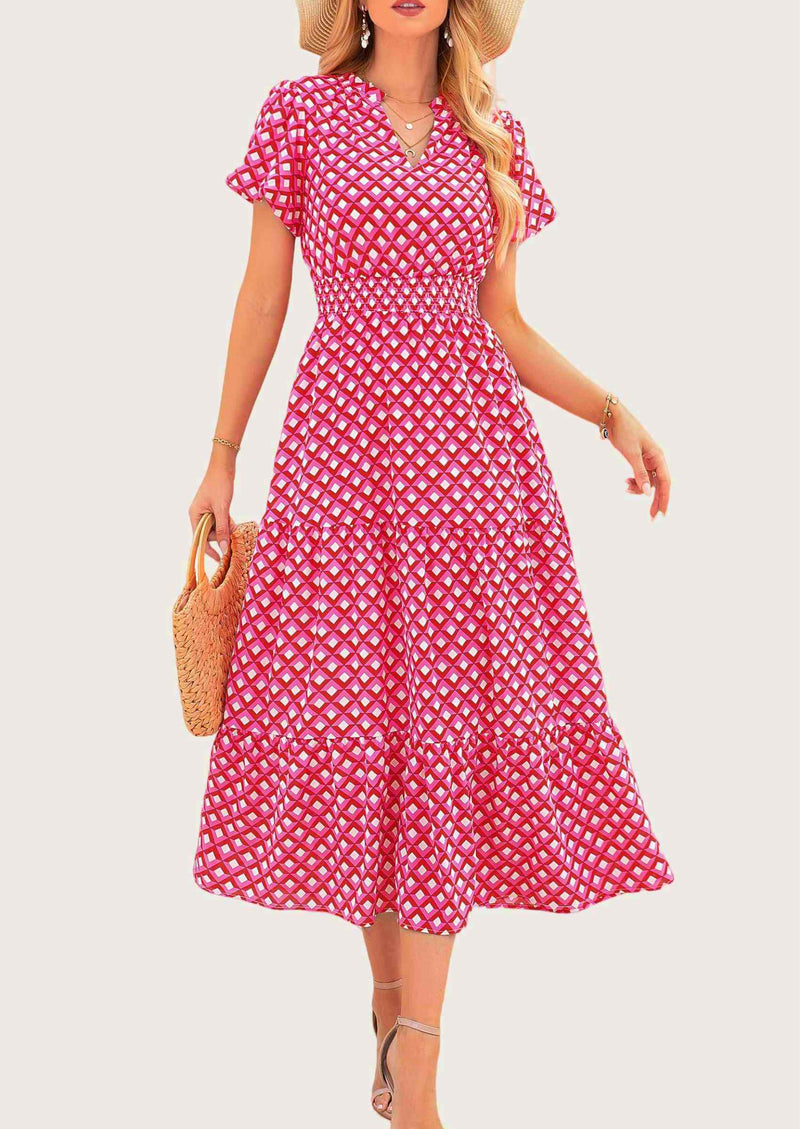 MASCOMODA Summer Maxi Dresses for Women Casual V Neck Puff Short Sleeve Smocked Flowy Beach Boho Long Floral Dress