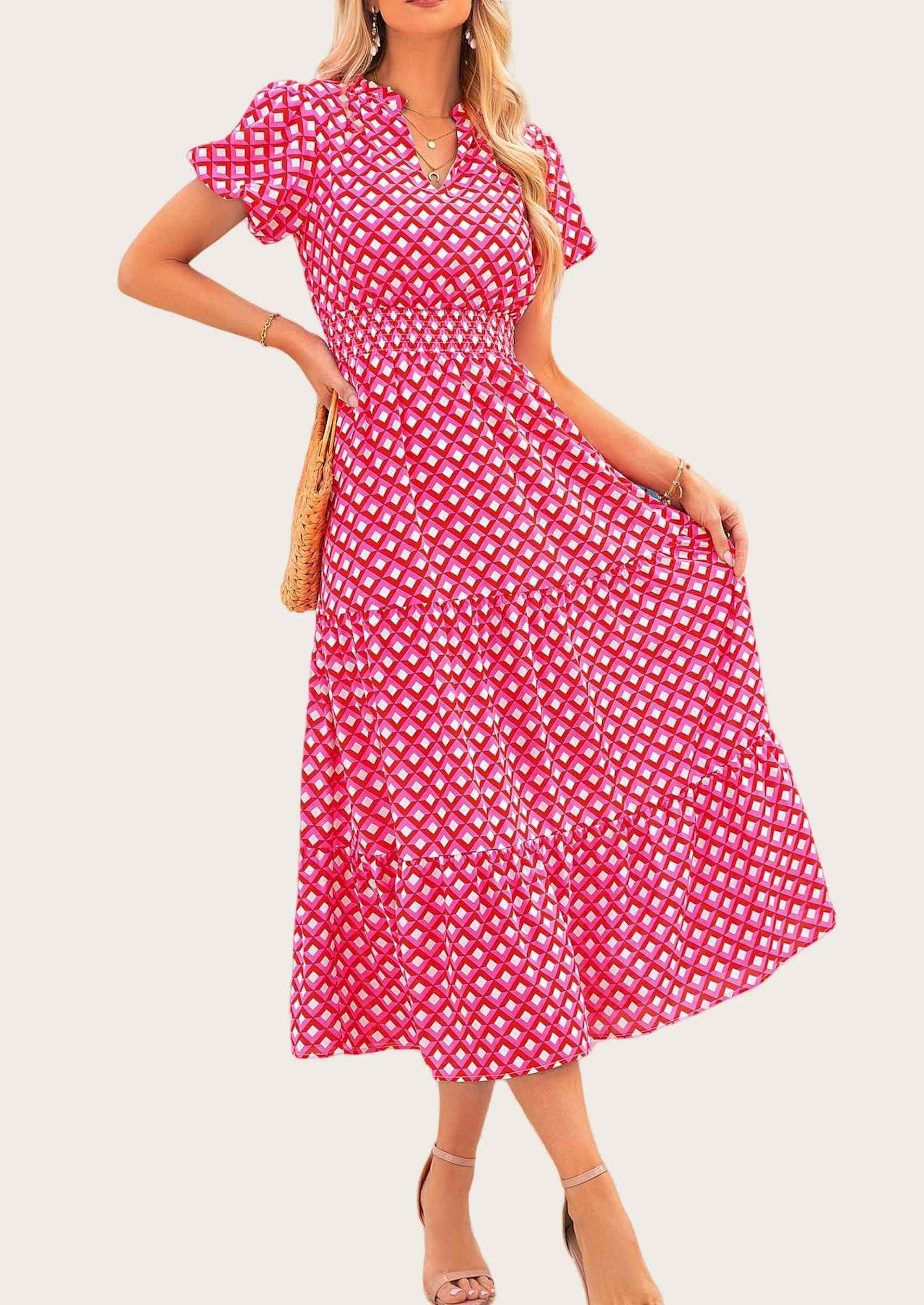MASCOMODA Summer Maxi Dresses for Women Casual V Neck Puff Short Sleeve Smocked Flowy Beach Boho Long Floral Dress