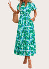 MASCOMODA Summer Maxi Dresses for Women Casual V Neck Puff Short Sleeve Smocked Flowy Beach Boho Long Floral Dress