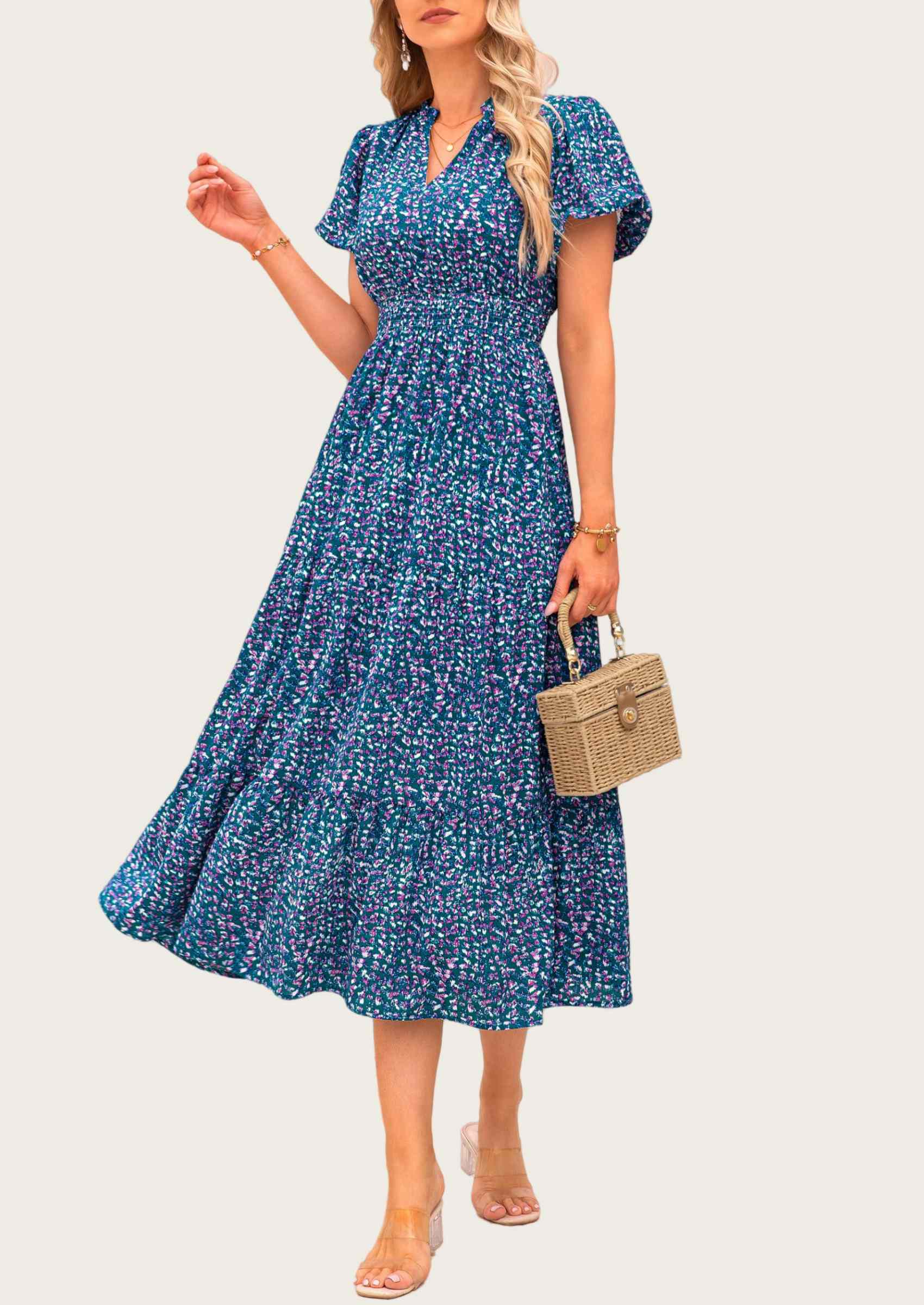 MASCOMODA Summer Maxi Dresses for Women Casual V Neck Puff Short Sleeve Smocked Flowy Beach Boho Long Floral Dress