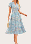 MASCOMODA Summer Maxi Dresses for Women Casual V Neck Puff Short Sleeve Smocked Flowy Beach Boho Long Floral Dress