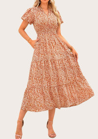 MASCOMODA Summer Maxi Dresses for Women Casual V Neck Puff Short Sleeve Smocked Flowy Beach Boho Long Floral Dress