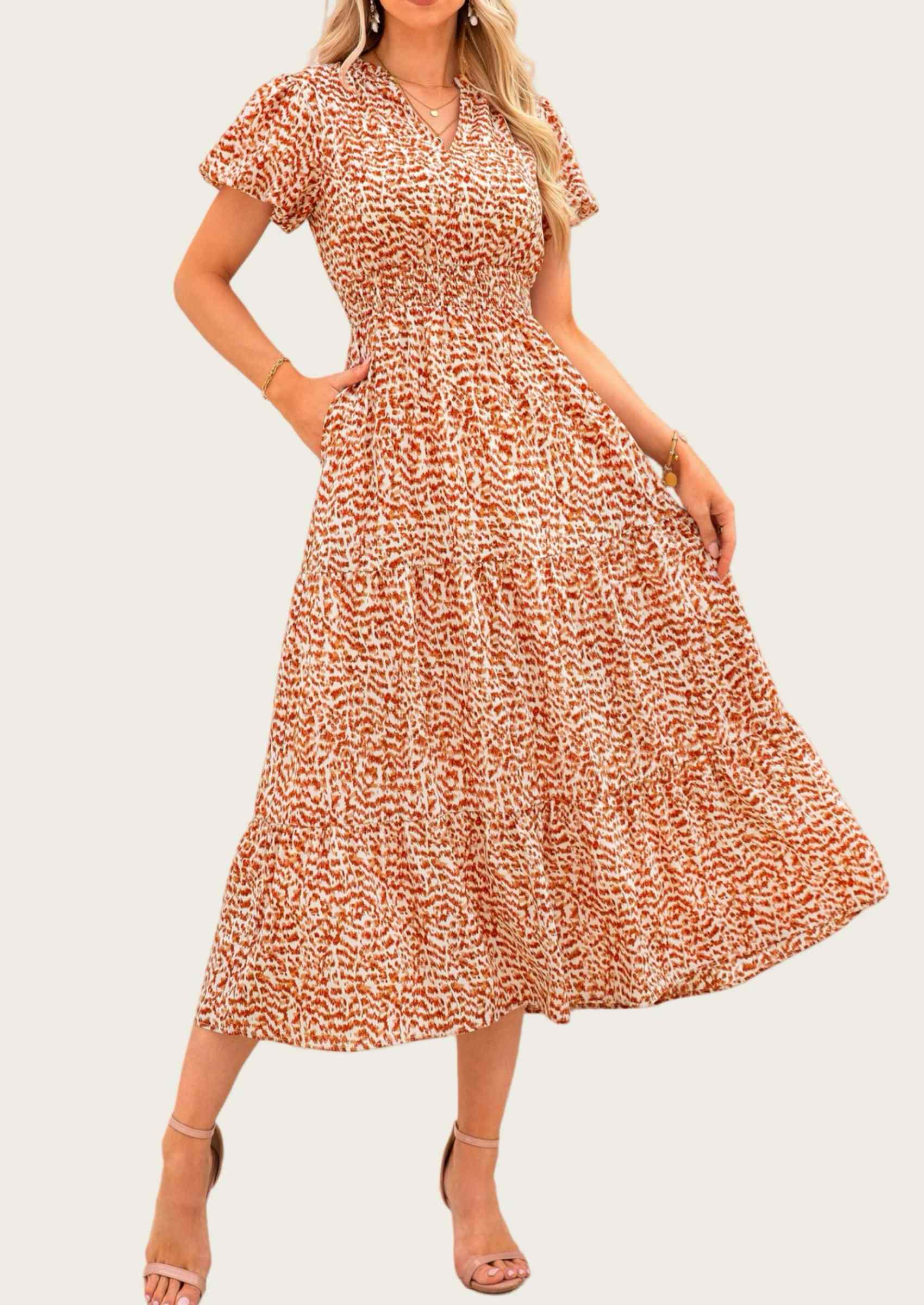 MASCOMODA Summer Maxi Dresses for Women Casual V Neck Puff Short Sleeve Smocked Flowy Beach Boho Long Floral Dress