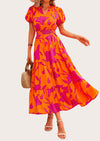 MASCOMODA Summer Maxi Dresses for Women Casual V Neck Puff Short Sleeve Smocked Flowy Beach Boho Long Floral Dress