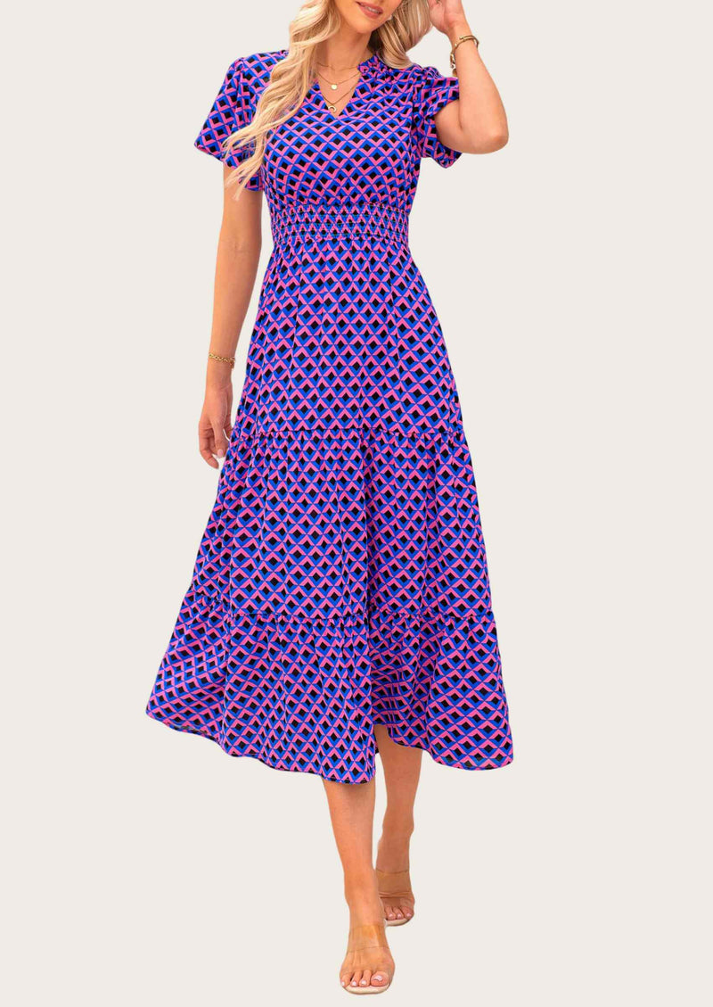 MASCOMODA Summer Maxi Dresses for Women Casual V Neck Puff Short Sleeve Smocked Flowy Beach Boho Long Floral Dress