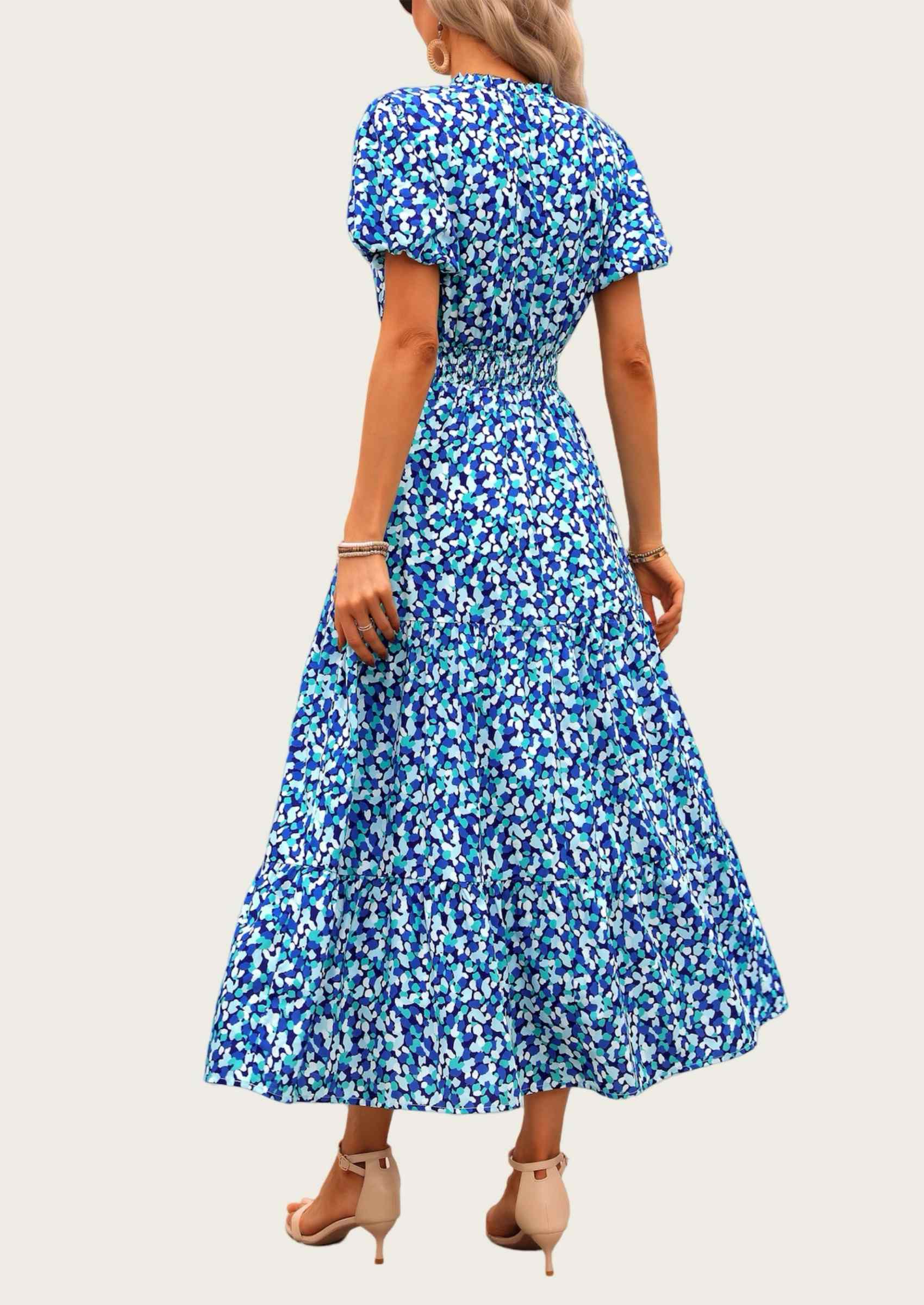 MASCOMODA Summer Maxi Dresses for Women Casual V Neck Puff Short Sleeve Smocked Flowy Beach Boho Long Floral Dress