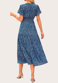 MASCOMODA Summer Maxi Dresses for Women Casual V Neck Puff Short Sleeve Smocked Flowy Beach Boho Long Floral Dress
