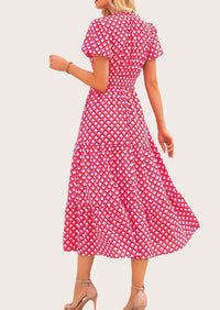 MASCOMODA Summer Maxi Dresses for Women Casual V Neck Puff Short Sleeve Smocked Flowy Beach Boho Long Floral Dress