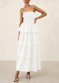 Off Shoulder Smocked Tiered Ruffle Long Flowy Casual Beach Maxi Dress