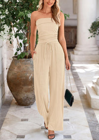 Casual Ribbed Knit Crop Tube Top Wide Leg Pants Two Piece Sets