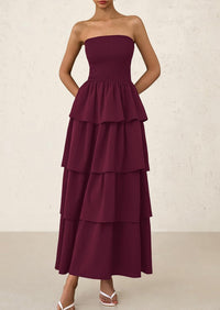 Off Shoulder Smocked Tiered Ruffle Long Flowy Casual Beach Maxi Dress