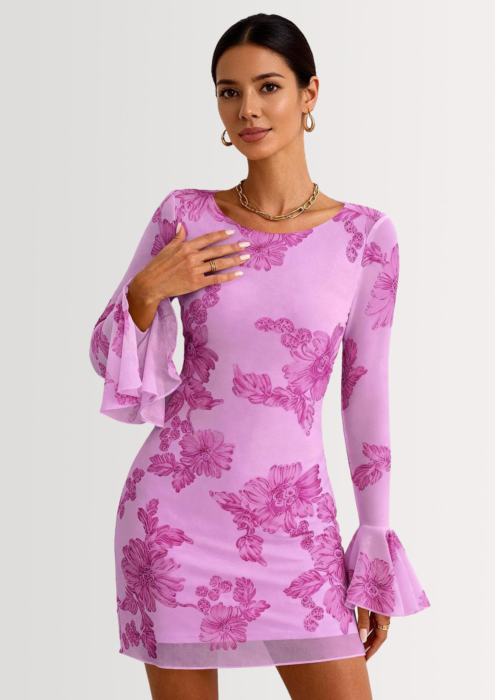 PRETTYGARDEN Women's Floral Embroidered Dress Fall Long Bell Sleeve Ribbon Flower Mini Short Mesh Bodycon Party Dresses