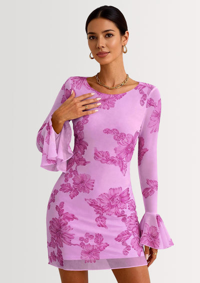 PRETTYGARDEN Women's Floral Embroidered Dress Fall Long Bell Sleeve Ribbon Flower Mini Short Mesh Bodycon Party Dresses