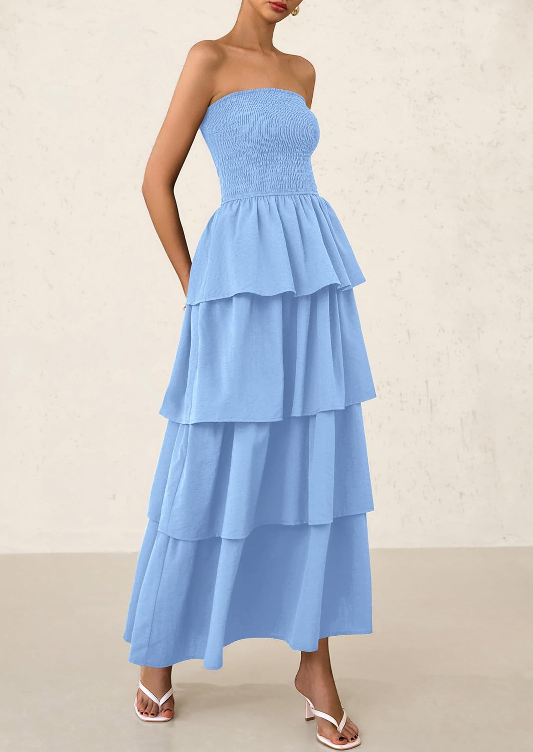 Off Shoulder Smocked Tiered Ruffle Long Flowy Casual Beach Maxi Dress