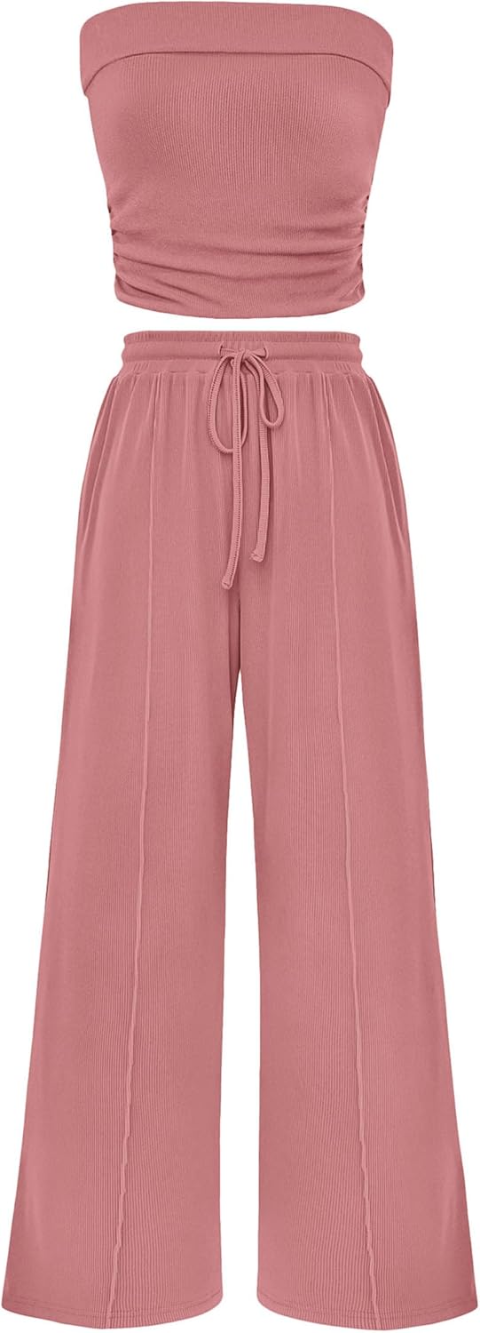 Casual Ribbed Knit Crop Tube Top Wide Leg Pants Two Piece Sets