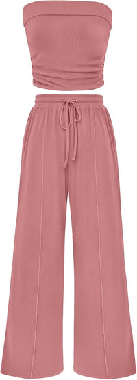 Casual Ribbed Knit Crop Tube Top Wide Leg Pants Two Piece Sets