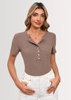 BTFBM Women Summer Henley Tunic Top V Neck Short Sleeve Button UP Solid Slim Fit Casual Ribbed Knit Shirt Blouses