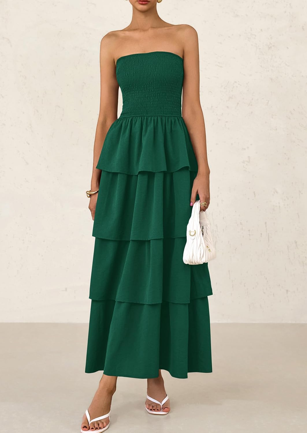 Off Shoulder Smocked Tiered Ruffle Long Flowy Casual Beach Maxi Dress