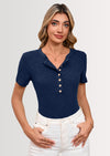 BTFBM Women Summer Henley Tunic Top V Neck Short Sleeve Button UP Solid Slim Fit Casual Ribbed Knit Shirt Blouses