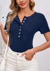 BTFBM Women Summer Henley Tunic Top V Neck Short Sleeve Button UP Solid Slim Fit Casual Ribbed Knit Shirt Blouses
