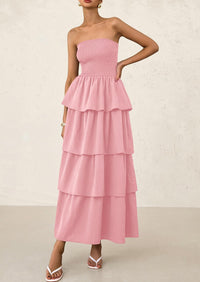 Off Shoulder Smocked Tiered Ruffle Long Flowy Casual Beach Maxi Dress