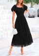 Smocked Tulle Puffy Short Sleeve Square Neck Ruffle Midi Dresses