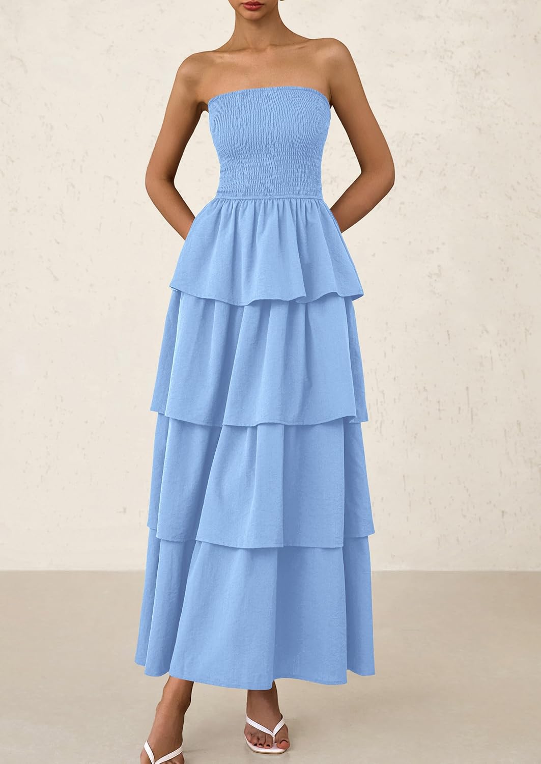 Off Shoulder Smocked Tiered Ruffle Long Flowy Casual Beach Maxi Dress
