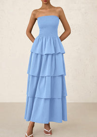 Off Shoulder Smocked Tiered Ruffle Long Flowy Casual Beach Maxi Dress