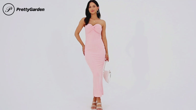 PRETTYGARDEN Women's Bodycon Long Dresses Summer Strapless Tube Twist Knot Front Ribbed Knit Maxi Cocktail Dress with Slit