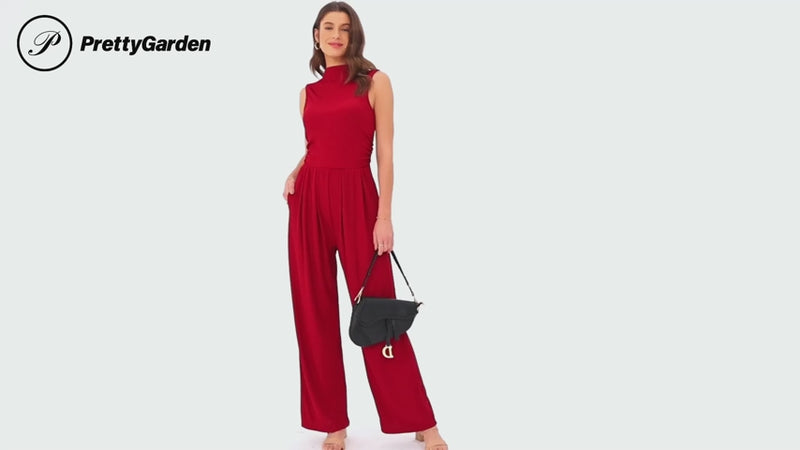 PRETTYGARDEN Womens Summer Jumpsuits Dressy Casual One Piece Outfits Sleeveless Mock Neck Wide Leg Pants Rompers with Pockets