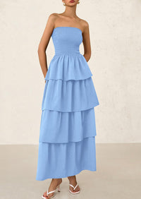 Off Shoulder Smocked Tiered Ruffle Long Flowy Casual Beach Maxi Dress