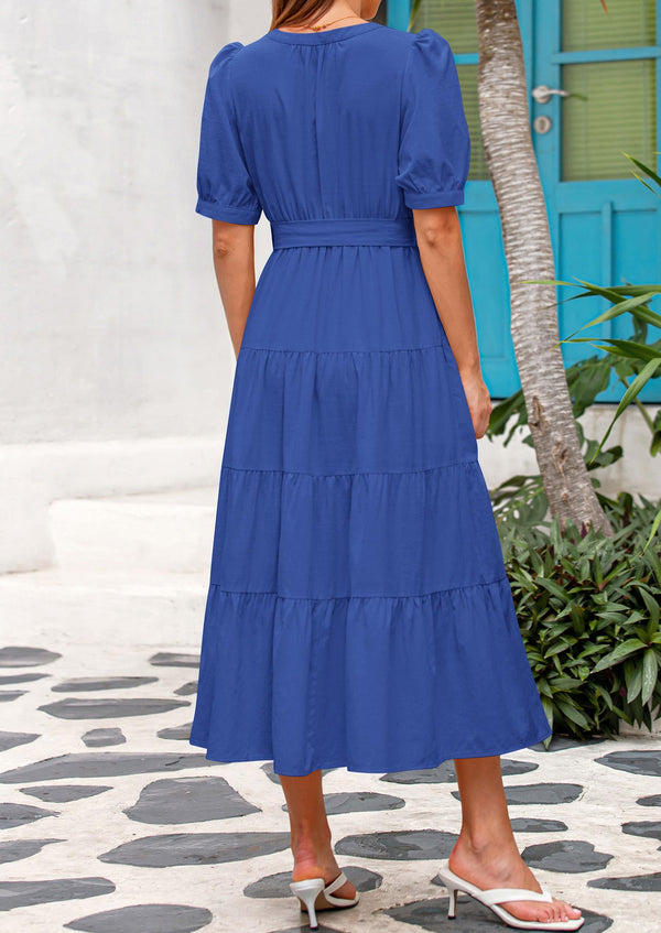 Casual Short Sleeved V-Neck Button Up Lace Up Dress