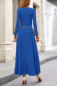 Casual Ribbed Knit Long Sleeve Crop Tops Maxi Flowy Skirts Two Piece Sets