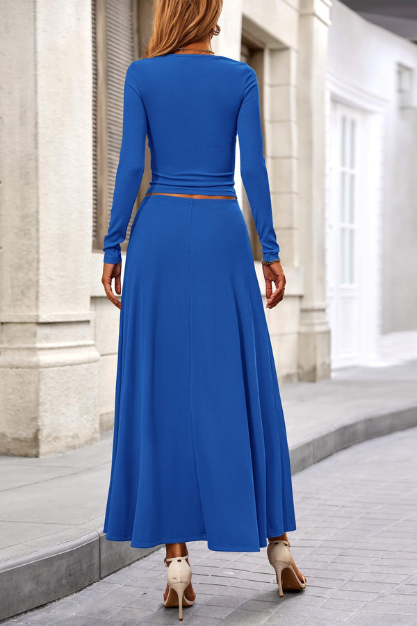 Casual Ribbed Knit Long Sleeve Crop Tops Maxi Flowy Skirts Two Piece Sets