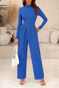 Casual Long Sleeve Mock Neck Wide Leg Jumpsuits